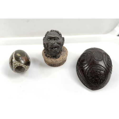 90 - A carved coconut shell, French early 'bug bear' mask and trophy reserves, silver mounts, 11cm, a gro... 