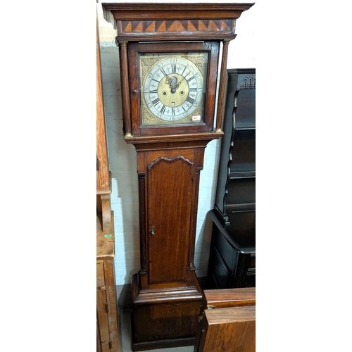 907 - A V. Wilson Kendal, oak cased grandfather clock with brass dial with moon phase, signed with inlaid ... 