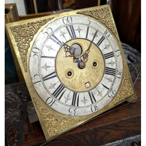 907 - A V. Wilson Kendal, oak cased grandfather clock with brass dial with moon phase, signed with inlaid ... 