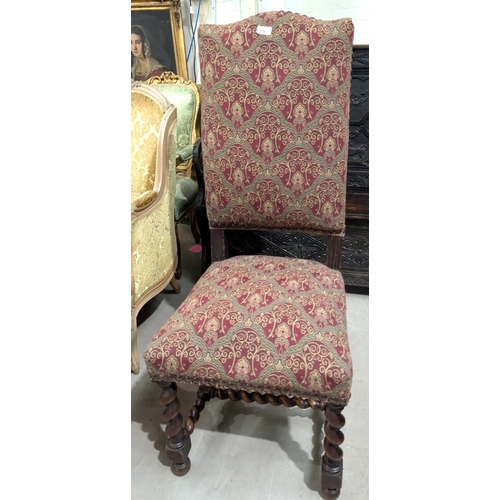 916 - A high back tapestry chair with barley twist legs and a spoon button back chair and an oak table.