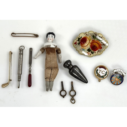 94 - A Scent vial, 19th century silver Birmingham 1894, a tiny doll and other collectables.