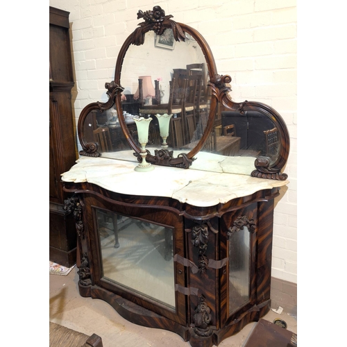 951 - A Victorian simulated zebra wood mirror back chiffonier, the raised oval back with carved fruit and ... 