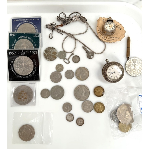 96 - A novelty clock brooch, a watch and chain, other collectables, various GB coins.