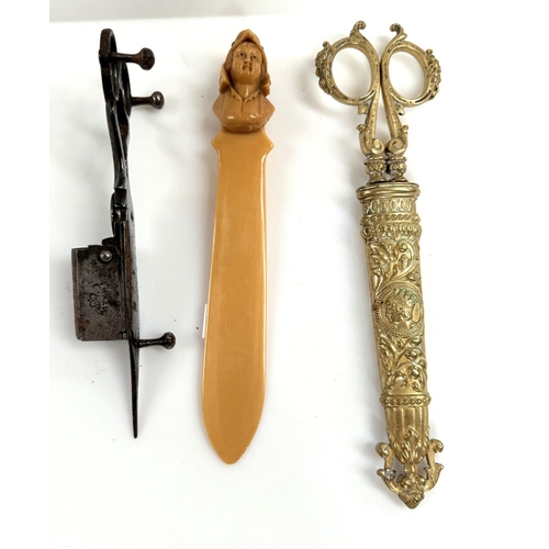 97 - SCISSORS, a pair of brass mounted scissors in sheath, a pair of steel candlesnuffers and an ivorine ... 