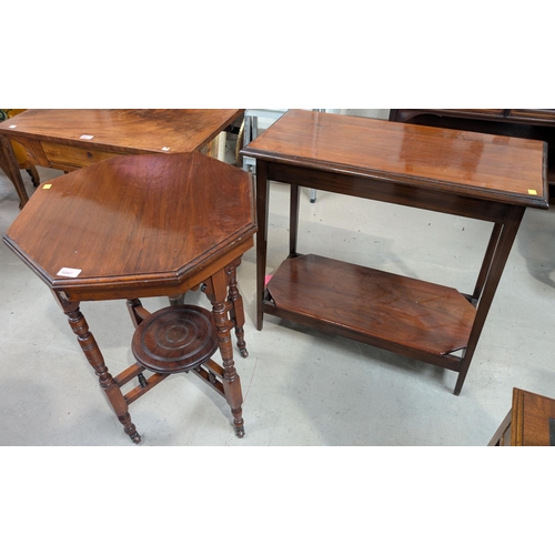 1047 - An Asthetic movement mahogany octagonal two tier occasional table and and another mahogany occasiona... 