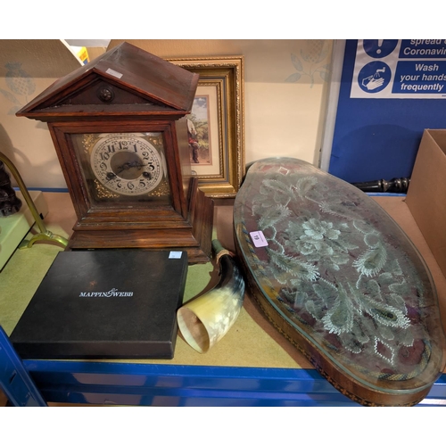 19 - An inlaid beadwork oval-shaped stand, a boxed Mappin and Webb hip flask, table gong and a brass-face... 