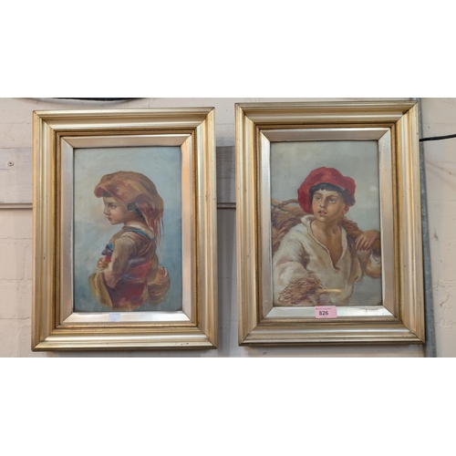 826 - A pair of 19th Century oil on canvas half portraits of girl and boy in peasants clothing, gilt frame... 