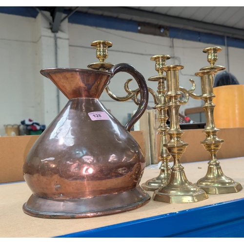 128 - A pair of Victorian brass candlesticks, brass candelabra, copper one gallon flagon.