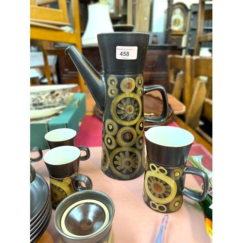 458 - A Denby Arabesque coffee set, 15 pieces; a tall Maling jug with embossed pink flowers; a Maling oran... 