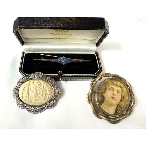 721 - A gilt reversible mourning brooch; a silver bar brooch stamped C.H (enamel very worn/missing) a marc... 