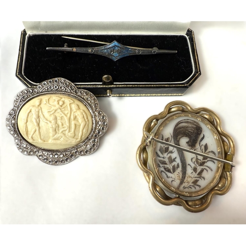 721 - A gilt reversible mourning brooch; a silver bar brooch stamped C.H (enamel very worn/missing) a marc... 