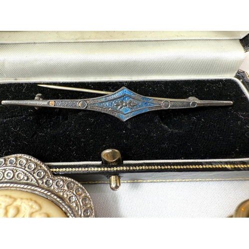 721 - A gilt reversible mourning brooch; a silver bar brooch stamped C.H (enamel very worn/missing) a marc... 