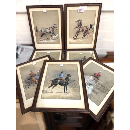 820 - A set of 7 miniature watercolours 21x17cm depicting horses. Framed and glazed.