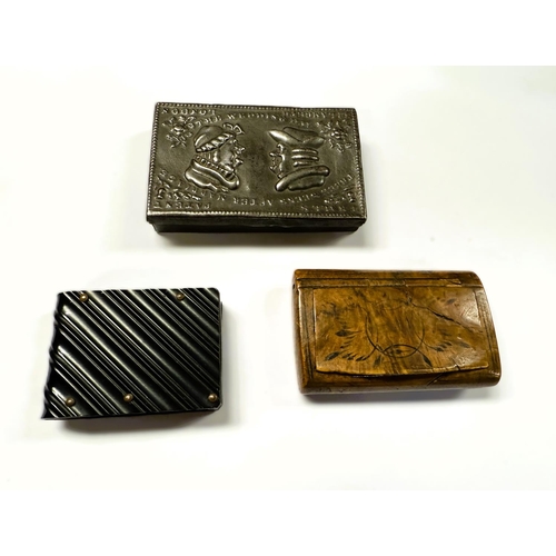 91 - A Vesta box, 19th century pressed tin, Hall's Patent, another vesta and a burrwood snuff box.