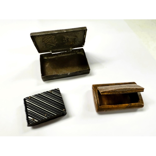 91 - A Vesta box, 19th century pressed tin, Hall's Patent, another vesta and a burrwood snuff box.