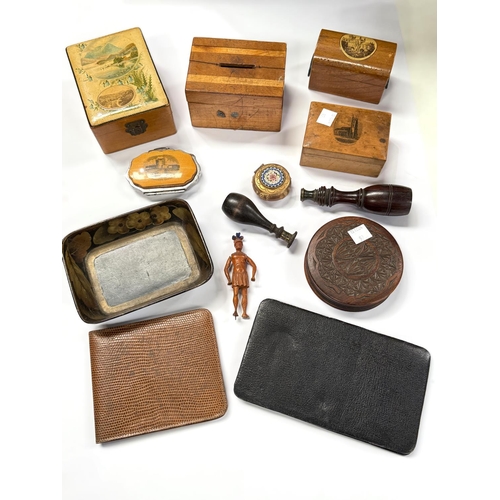 92 - A PATCH BOX, 19th century, chip carved decoration, various items of Mauchline ware, 2 seals etc.