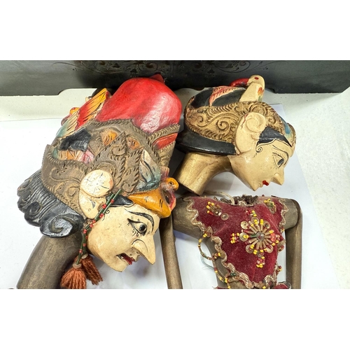 98 - Wayong Theatre, 2 Indonesian puppets, carved and painted wood heads.