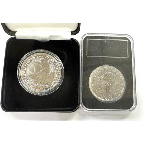 245 - GB: a silver 999 1oz Britannia QEII and another Charles III.