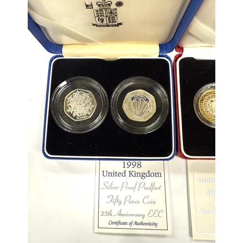 275 - GB: £2 silver proof piedfort, 1997 and 1998; 50p similar, 1998 (2).