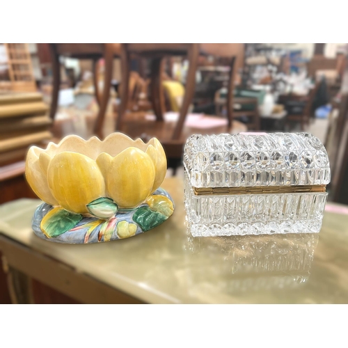 550B - A Clarice Cliff water lily bowl and a glass trinket box.