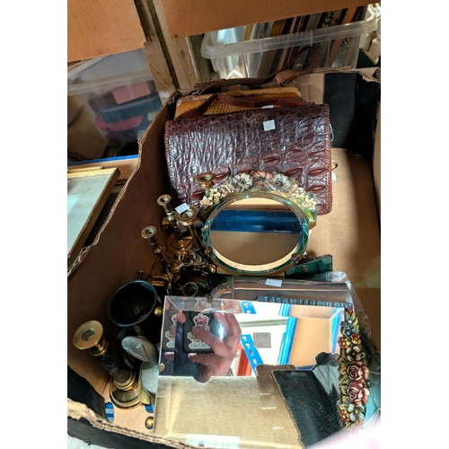 153 - Two Barbola mirrors, 3 handbags, brass candlesticks etc