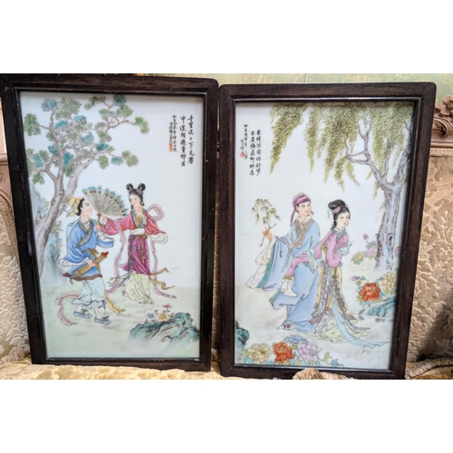 551 - A pair of large Republic period polychrome Chinese table screens, depicting courting couples under t... 