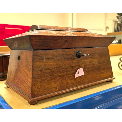 63 - A 19th Century rosewood tea caddy/converted sewing box, coffin shaped, and a small single drawer che... 