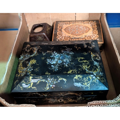 64 - A papier mâché Georgian sewing box, a Japanese-style cigarette case etc.