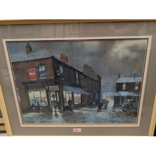 817 - Tom Brown:- Northern artist pastel scene, 'Corner shop in the Evening', signed, framed and glazed.