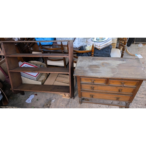 993 - A large oak three-height shelf unit and a wall hanging glass doored cabinet plus an oak chest.