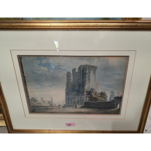 790 - Samuel Prout, 1783-1852, town scene with ruins, watercolour, signed, framed and glazed, 25 x 35cm.