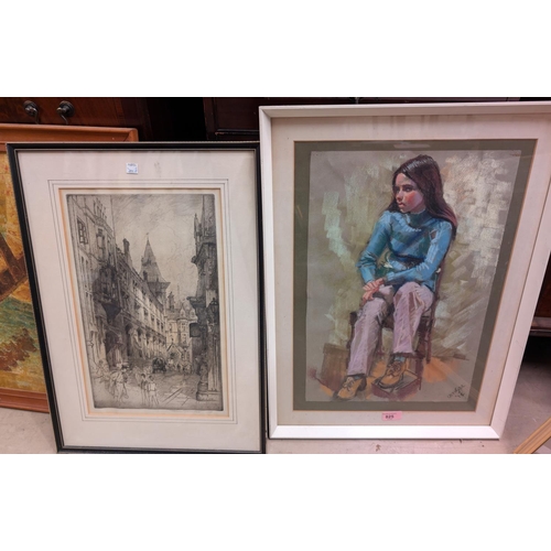 825 - A mid 20th Century pastel full length portrait of girl seated on stool, and early 20th Century etchi... 