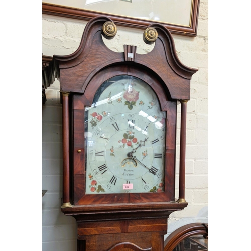 952 - An early 19th Century oak longcase clock with mahogany cross banding, the hood, with swan neck pedim... 