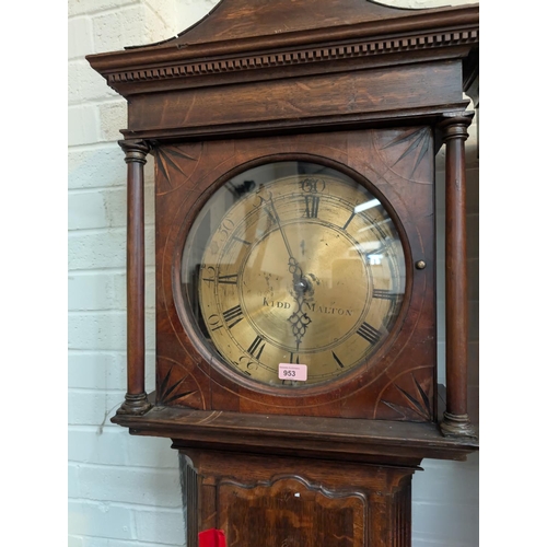 953 - An 18th Century oak longcase clock, the hood with pagoda pediment and turned pillars, full length do... 