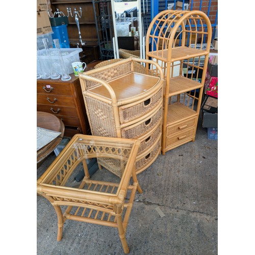 876 - A white cheval mirror and a selection of bamboo bedroom furniture.