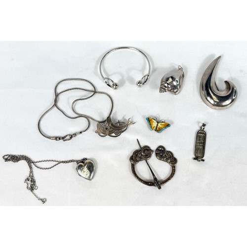 793 - A selection of white metal and silver jewellery including an enamelled silver butterfly stamped silv... 