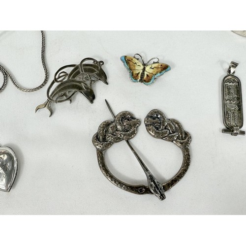 793 - A selection of white metal and silver jewellery including an enamelled silver butterfly stamped silv... 