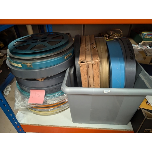 115 - 16mm 'Western' genre films in labelled boxes:- Trail Street (2 reels), Rhythm of the Saddle (2 reels... 