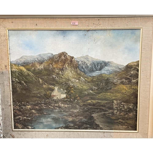 815 - Gwyneth Tomos, oil on canvas 'Drws Y Coed' Nantlle mountain scene, three other oils.