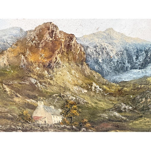 815 - Gwyneth Tomos, oil on canvas 'Drws Y Coed' Nantlle mountain scene, three other oils.