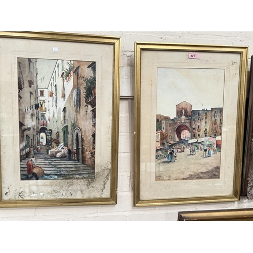 821 - Gianni, continental town square watercolour, signed, 43x26, framed and glazed and a similar picture.