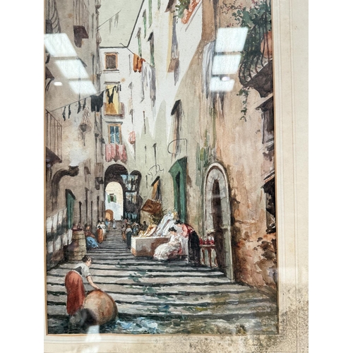 821 - Gianni, continental town square watercolour, signed, 43x26, framed and glazed and a similar picture.