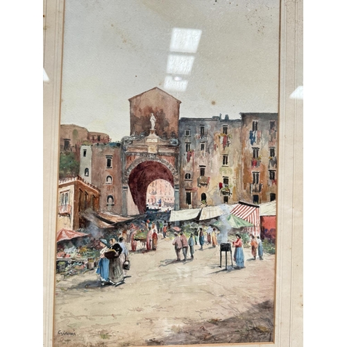 821 - Gianni, continental town square watercolour, signed, 43x26, framed and glazed and a similar picture.