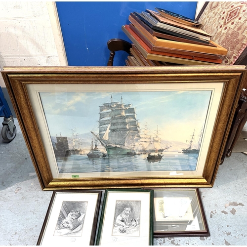 83 - A large gilt framed ship print after Montague Dawson and a selection of antique and other prints.