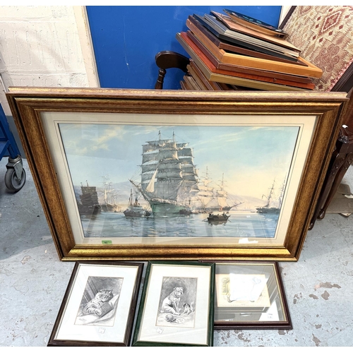 83 - A large gilt framed ship print after Montague Dawson and a selection of antique and other prints.