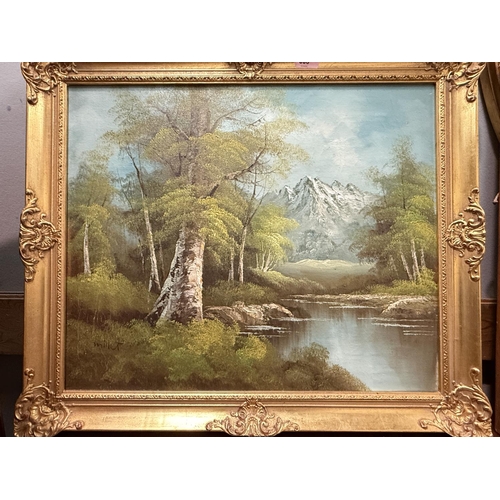 834 - Mid 20th century landscape with trees and mountains, oil on canvas, signed indistinctly 50 x 60cm, f... 