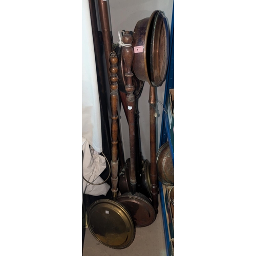 1 - Four 19th century copper warming pans with copper handle, and two brass warming pans.