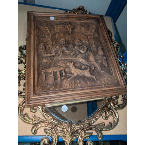 12 - Wooden figure of a King bowl, a resin group, mirror, two large framed prints of children.