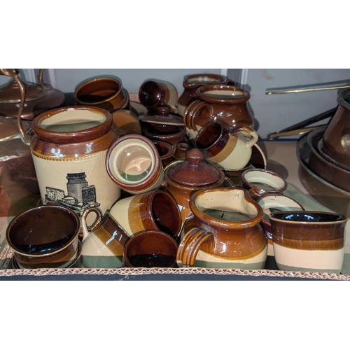 5 - A collection of kitchen stone ware storage jars,  and glass etc.