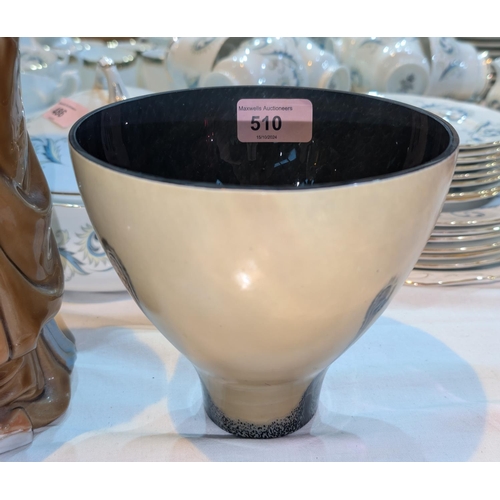 510 - A vintage Caithness glass bowl with ivory coloured outside and black drips on small foot and wide ri... 